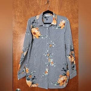 Grifflin Floral Striped Tunic Length Button Up Blouse/Top